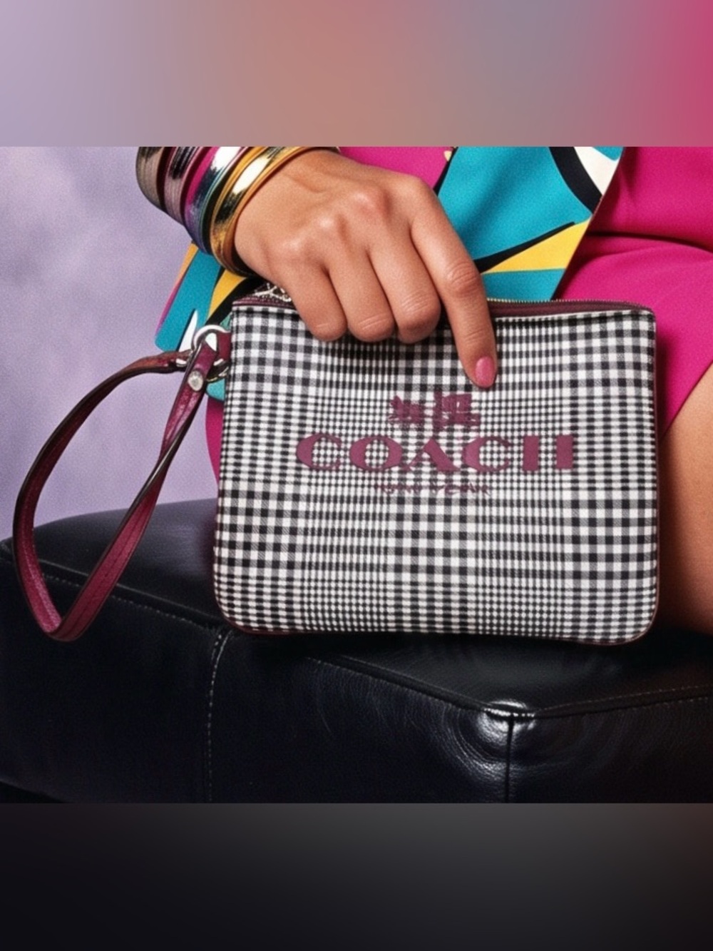 Coach Black & White Plaid Print Wristlet with Maroon Lettering